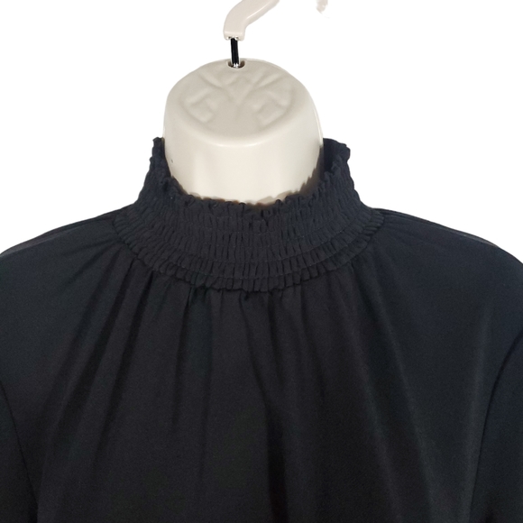Adrianna Papell Size Small Black Smocked Neck & Sleeves Blouse - Picture 4 of 7